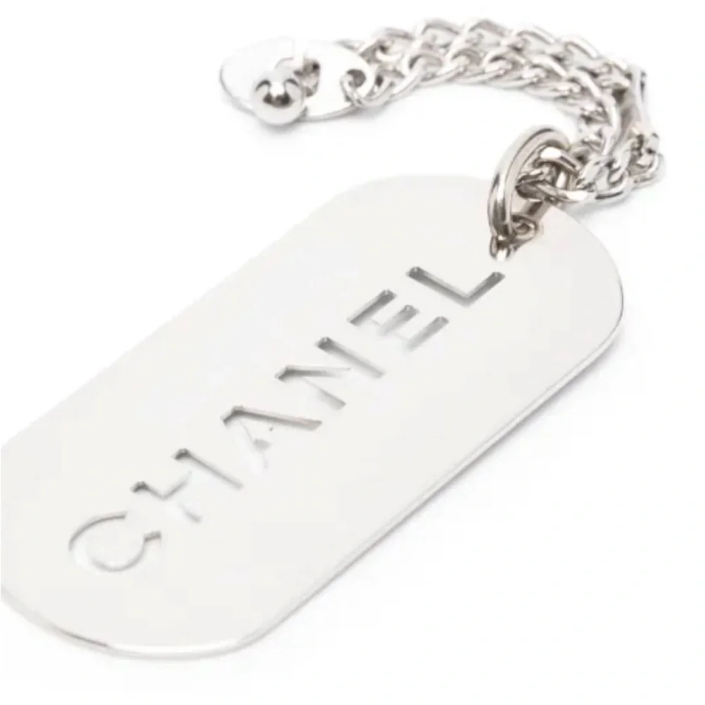 CHANEL Silver Engraved Dog Tag Necklace/Bag Charm